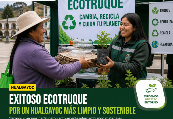 Municipalidad Provincial de Hualgayoc; Noticias; Ecotruque: Cambia, recicla y cuida tu planeta; Reduce, reutiliza, recicla, revalora; Hualgayoc; Exitoso Ecotruque por un Hualgayoc más limpio y sostenible; Vecinos y vecinas participaron activamente intercambiando materiales reciclables por productos ecológicos y plantas; Cuidemos nuestro entorno; Por un futuro más verde; ¡Pequeñas acciones, grandes cambios!; Municipalidad Provincial de Hualgayoc.