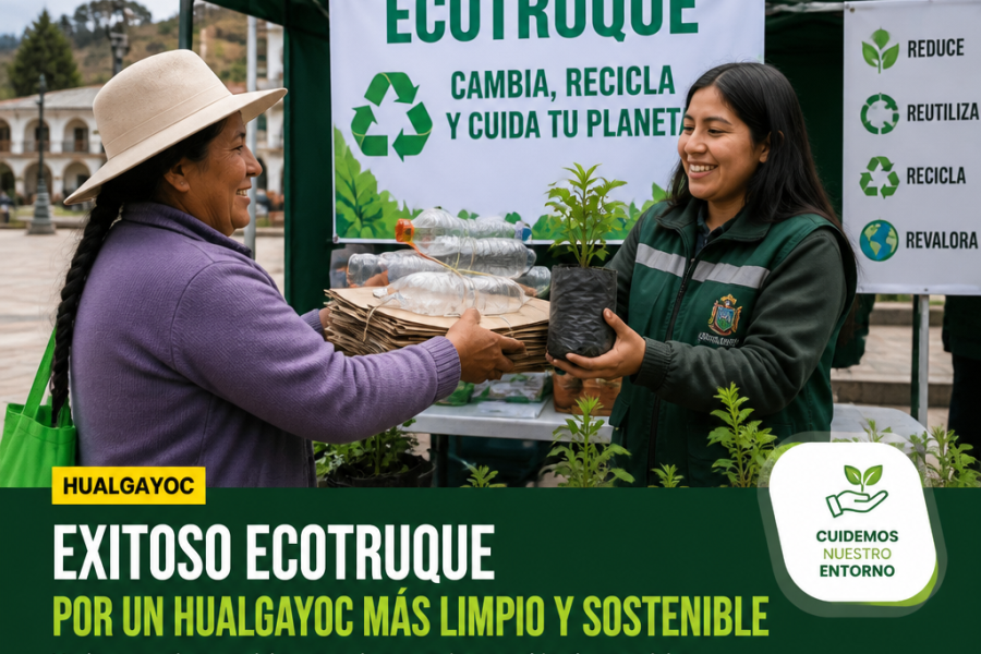 Municipalidad Provincial de Hualgayoc; Noticias; Ecotruque: Cambia, recicla y cuida tu planeta; Reduce, reutiliza, recicla, revalora; Hualgayoc; Exitoso Ecotruque por un Hualgayoc más limpio y sostenible; Vecinos y vecinas participaron activamente intercambiando materiales reciclables por productos ecológicos y plantas; Cuidemos nuestro entorno; Por un futuro más verde; ¡Pequeñas acciones, grandes cambios!; Municipalidad Provincial de Hualgayoc.